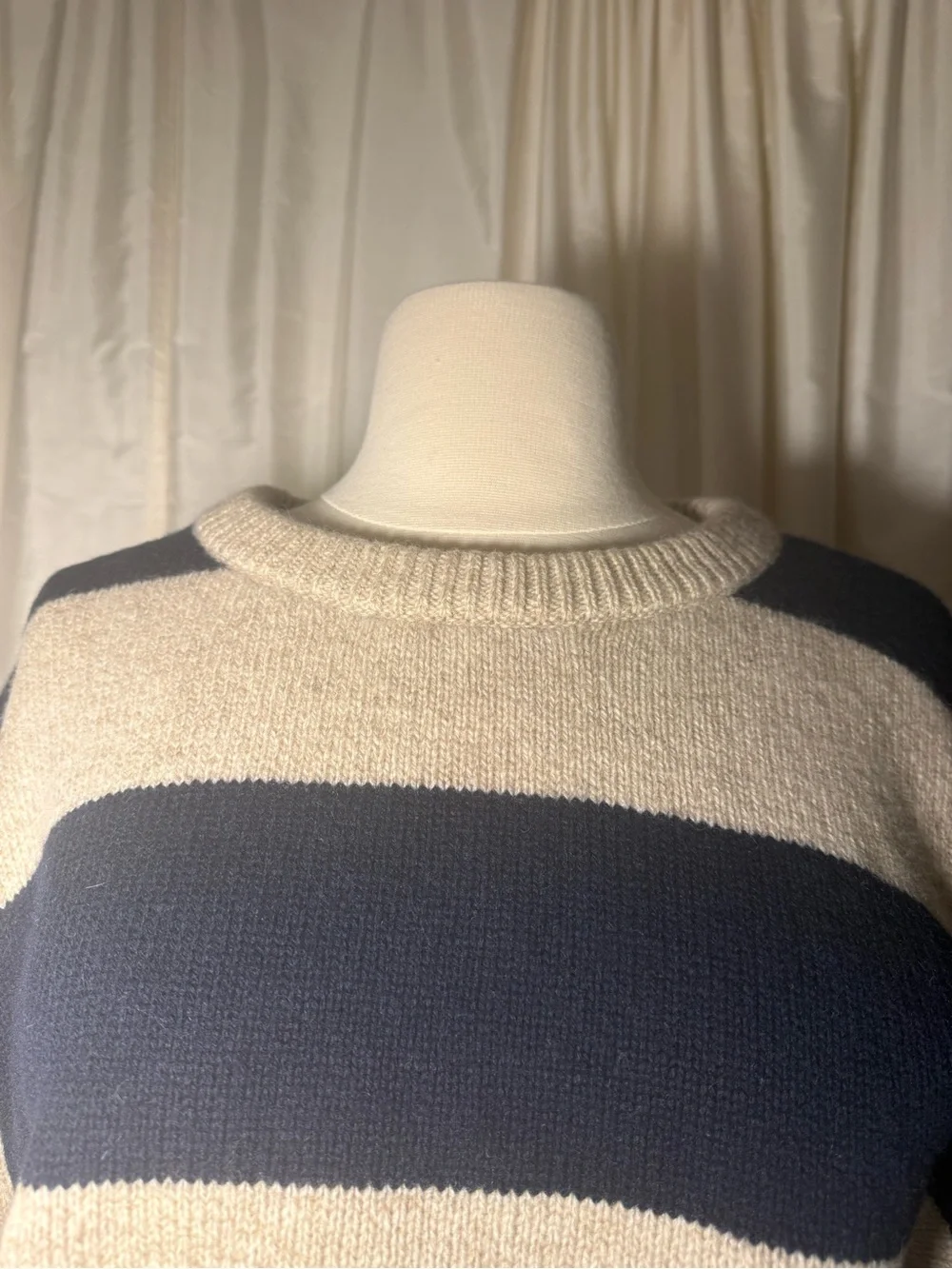 Vintage J Crew 100% Wool Navy and Natural Stripe Crewneck Sweater